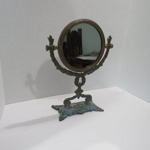 1940 Vintage/Antique Round Ornate Brass Two-Sided Vanity Mirror.